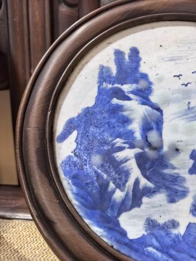 老青花山水瓷板画带鸡翅木框 