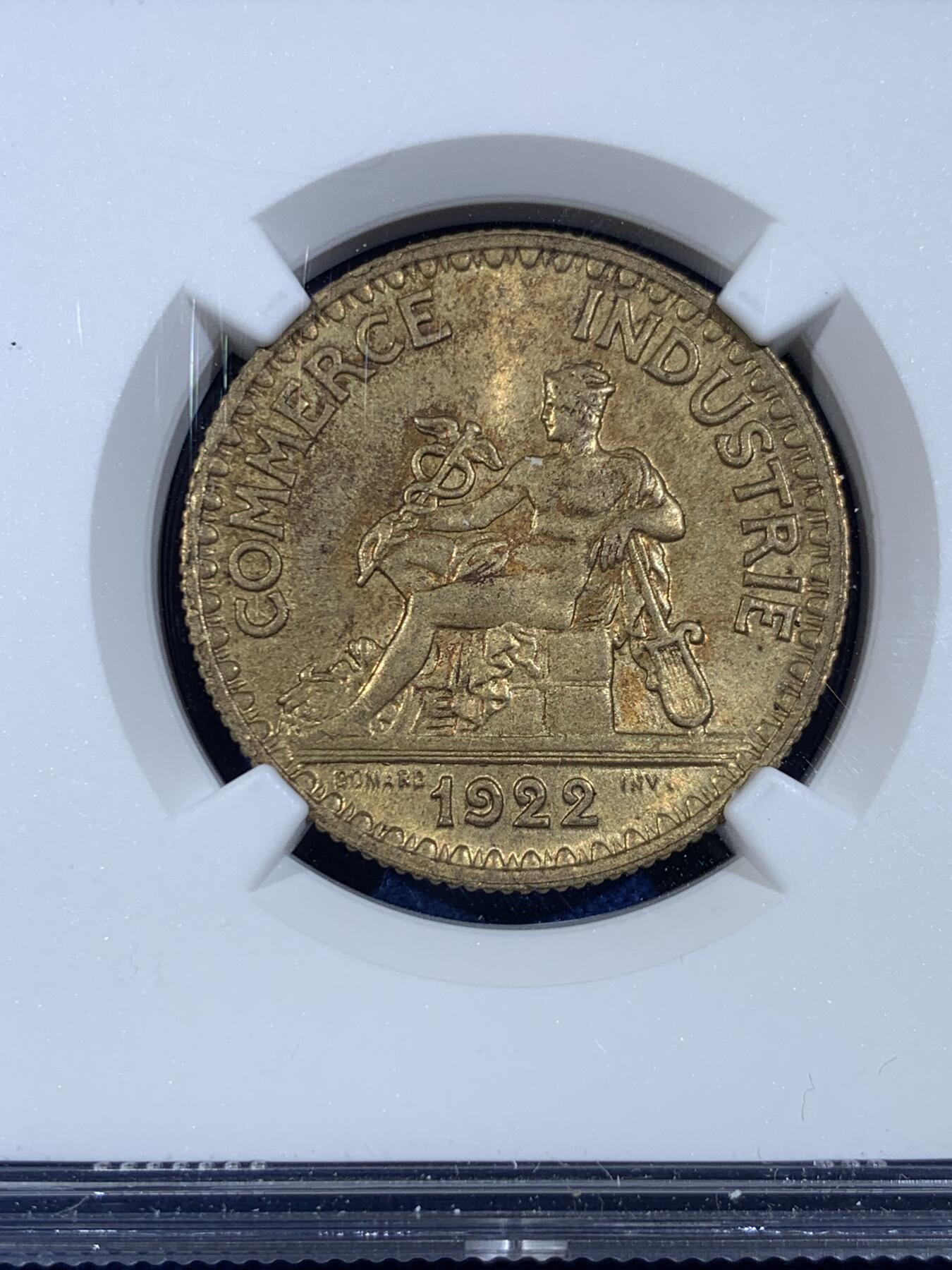 《竞宝斋》第439场 周日，周一，周二 3场连拍 （全场包邮） NGC MS63 法国1922商会2F 正面墨丘利（商业之神-丰饶和商业成功的象征）