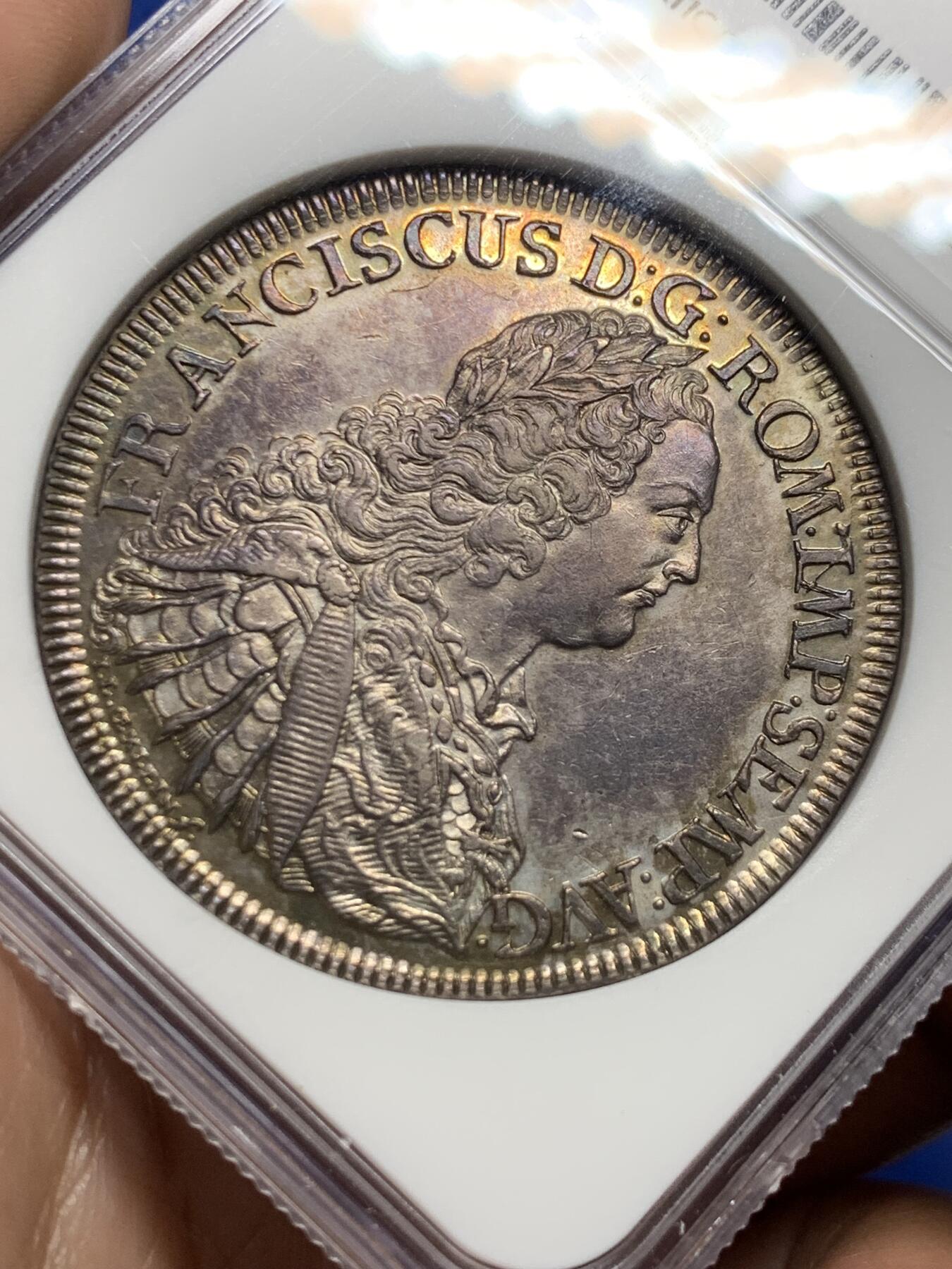 《竞宝斋》第439场 周日，周一，周二 3场连拍 （全场包邮） NGC AU58 德国 雷根斯堡 1754年 景观泰勒 大银币德系景观名誉品种 深包浆上分太难了 58分中上品状态