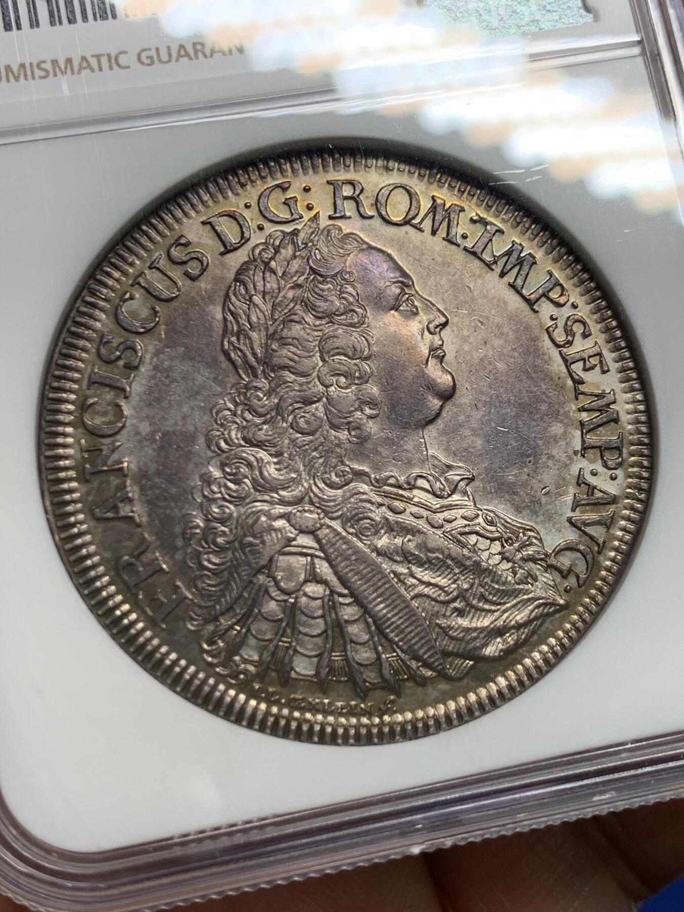 《竞宝斋》第439场 周日，周一，周二 3场连拍 （全场包邮） NGC AU58 德国 雷根斯堡 1754年 景观泰勒 大银币德系景观名誉品种 深包浆上分太难了 58分中上品状态