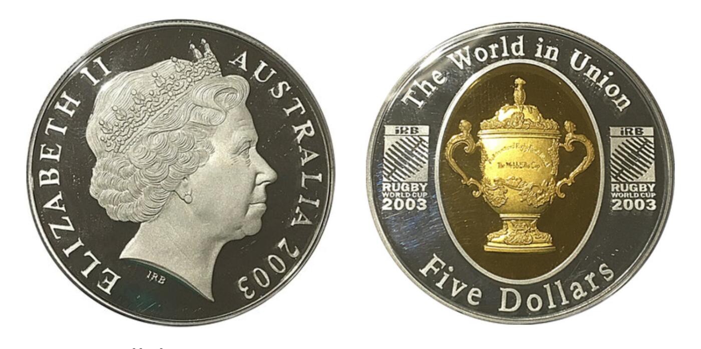 PThappally收藏第54次拍卖，英联邦地区硬币纸币 澳大利亚  2003 5元 橄榄球世界杯主题  31.104 克 纯银带镀金精制纪念币 TQGPF 70 UC