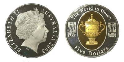PThappally收藏第54次拍卖，英联邦地区硬币纸币 - 澳大利亚  2003 5元 橄榄球世界杯主题  31.104 克 纯银带镀金精制纪念币 TQGPF 70 UC