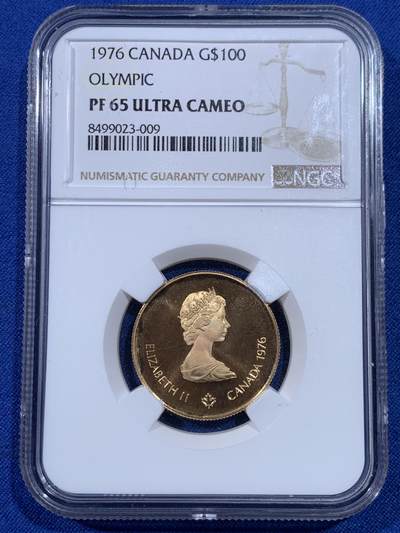 《竞宝斋》第439场 周日，周一，周二 3场连拍 （全场包邮） - NGC PF65UC 原光加拿大1976年100元精制金币，真皮原盒带证书齐全，917金  约17g，金价再度上涨，原汁原味品相味道一流。