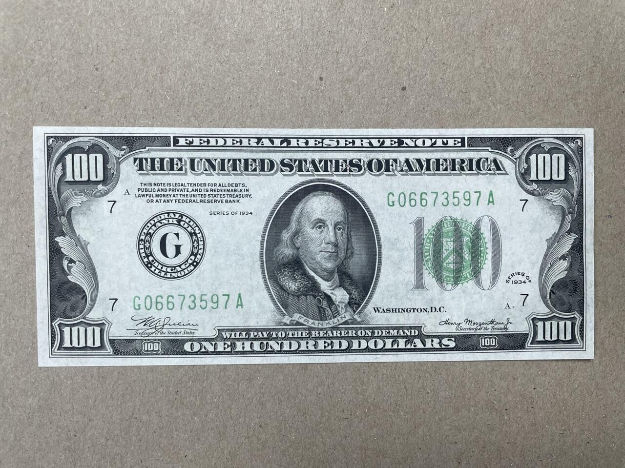 美国1934年100元 芝加哥分行发行 UNC-品相 G06673597A