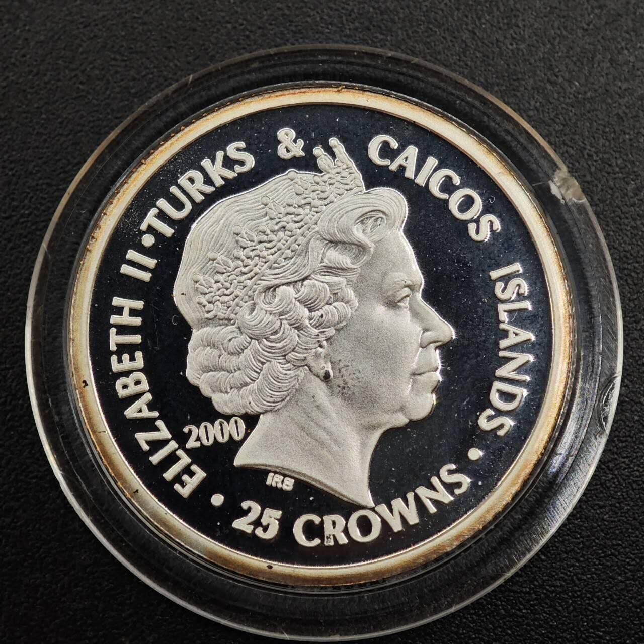 【淘币小摊】实时拍第七百九十九拍   银币套币场   满百包邮可预留二周 每周一统一发货   特克斯凯科斯2000年千禧年25克朗精制银币镀金 重10克925银