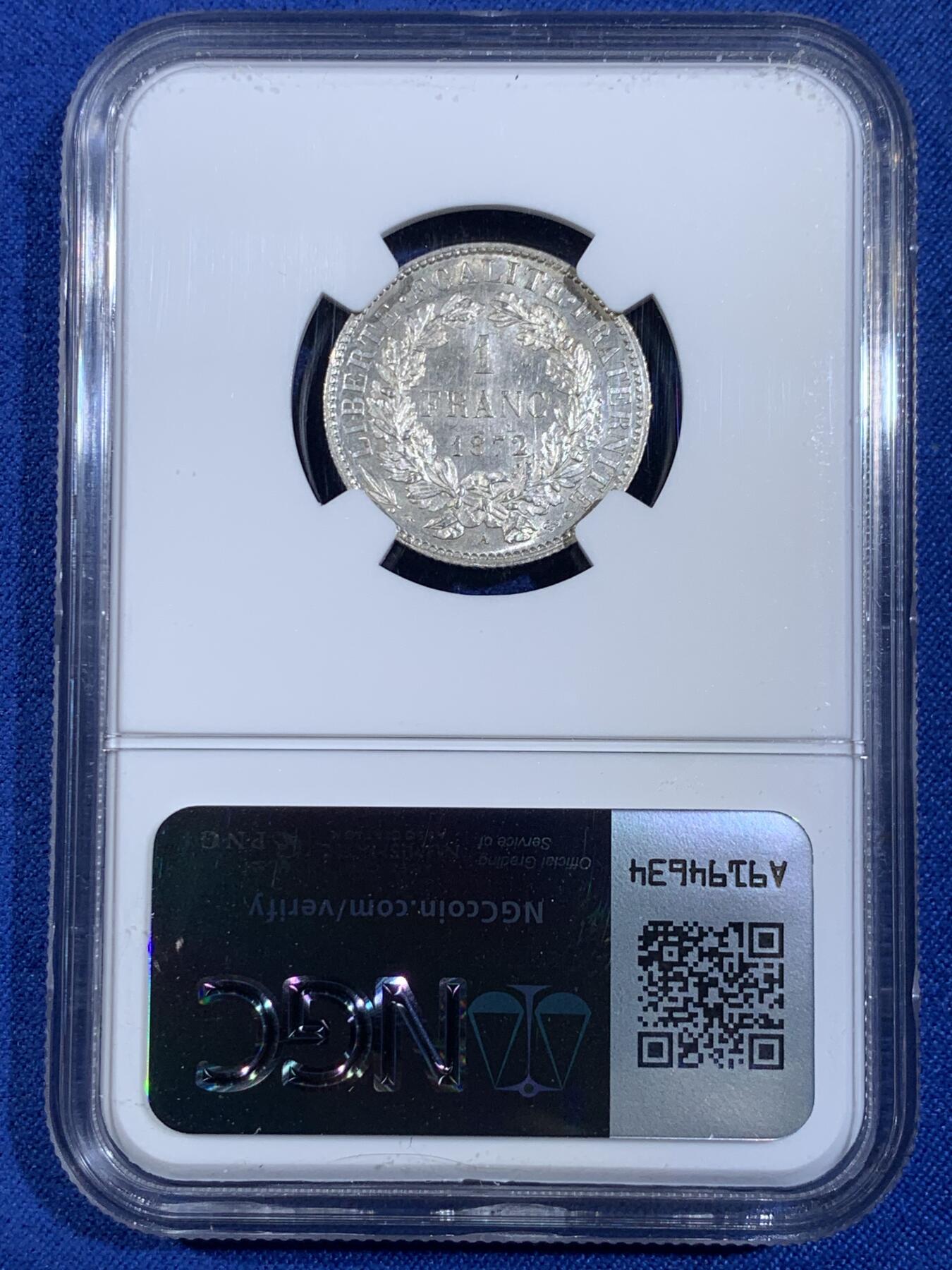 《竞宝斋》第439场 周日，周一，周二 3场连拍 （全场包邮） NGC MS63 法国 1872小A版 谷物女神 1法郎银币 高点俱在 丝滑底板