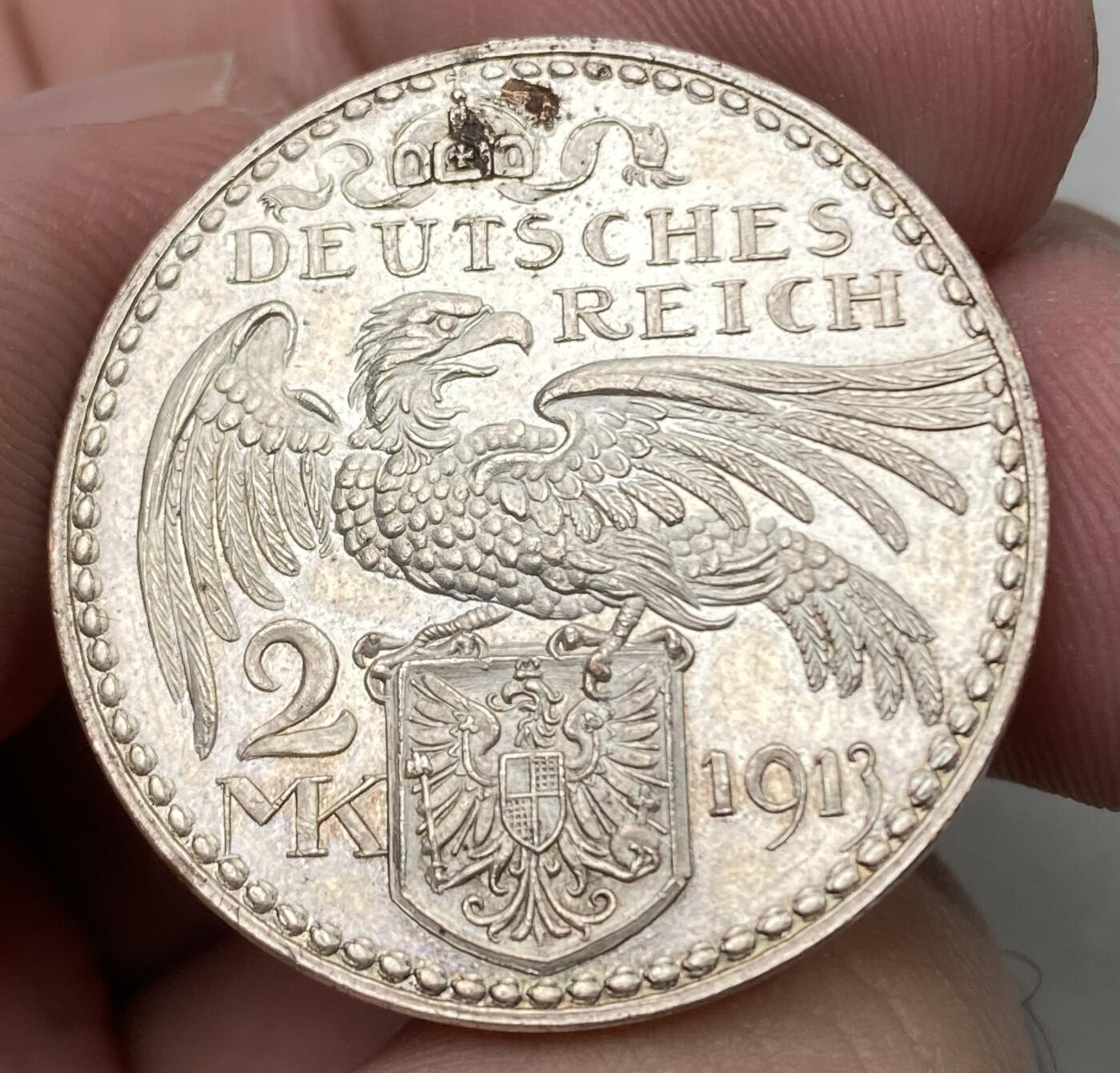 万国钱币拍卖第055期 1913年德国威廉二世2马克镀银样币 卡尔哥茨名家作品 镜面精铸 28mm 9.1g