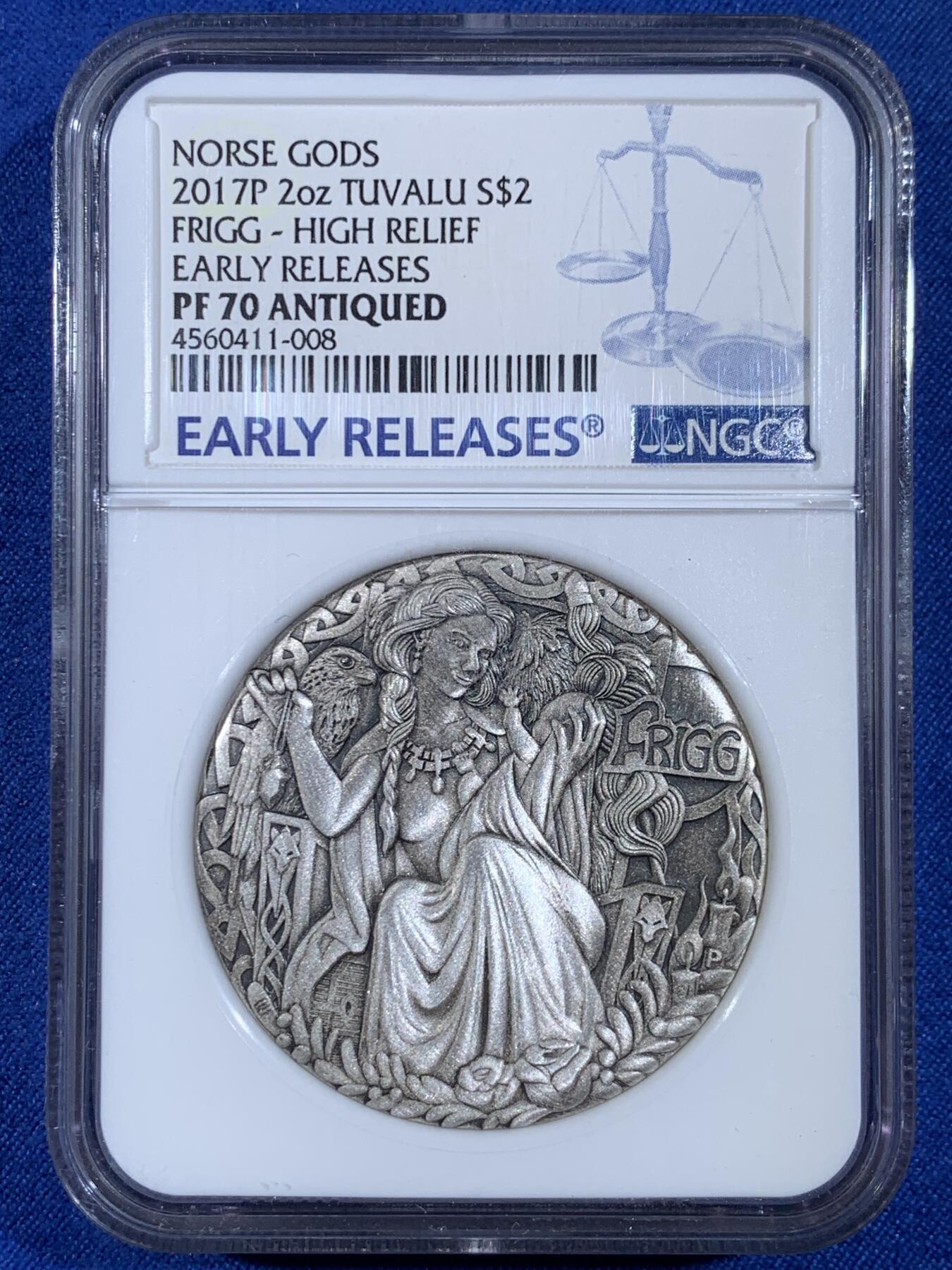 《竞宝斋》第439场 周日，周一，周二 3场连拍 （全场包邮） NGC PF70ANTIGUED 图瓦卢2017年2元仿古精制银币 北欧众神系列-弗丽嘉（司掌婚姻、家庭、天空与炉灶的女神，主神奥丁的妻子‌） 2盎司999银 早期蓝标 冠军分