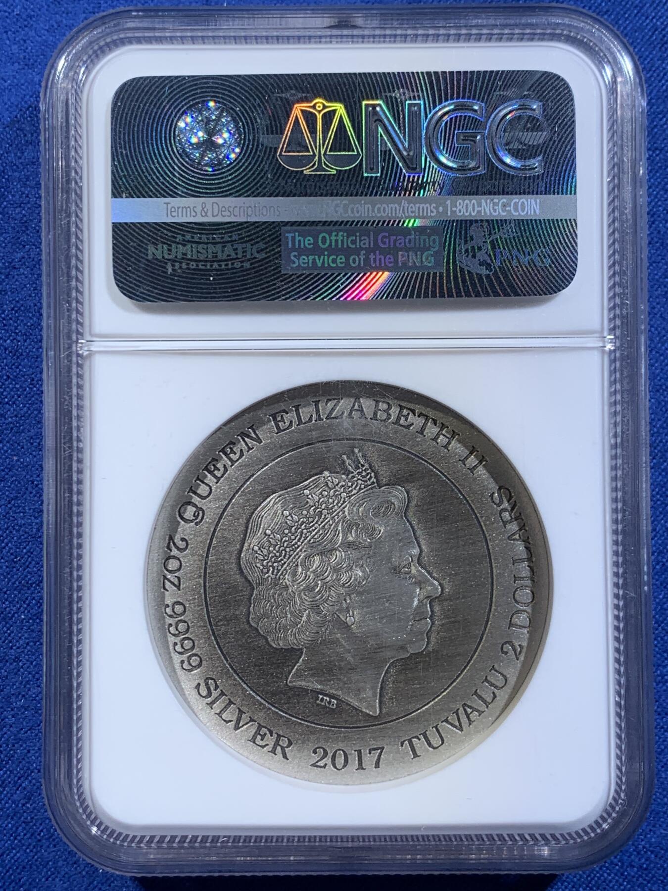 《竞宝斋》第439场 周日，周一，周二 3场连拍 （全场包邮） NGC PF70ANTIGUED 图瓦卢2017年2元仿古精制银币 北欧众神系列-弗丽嘉（司掌婚姻、家庭、天空与炉灶的女神，主神奥丁的妻子‌） 2盎司999银 早期蓝标 冠军分