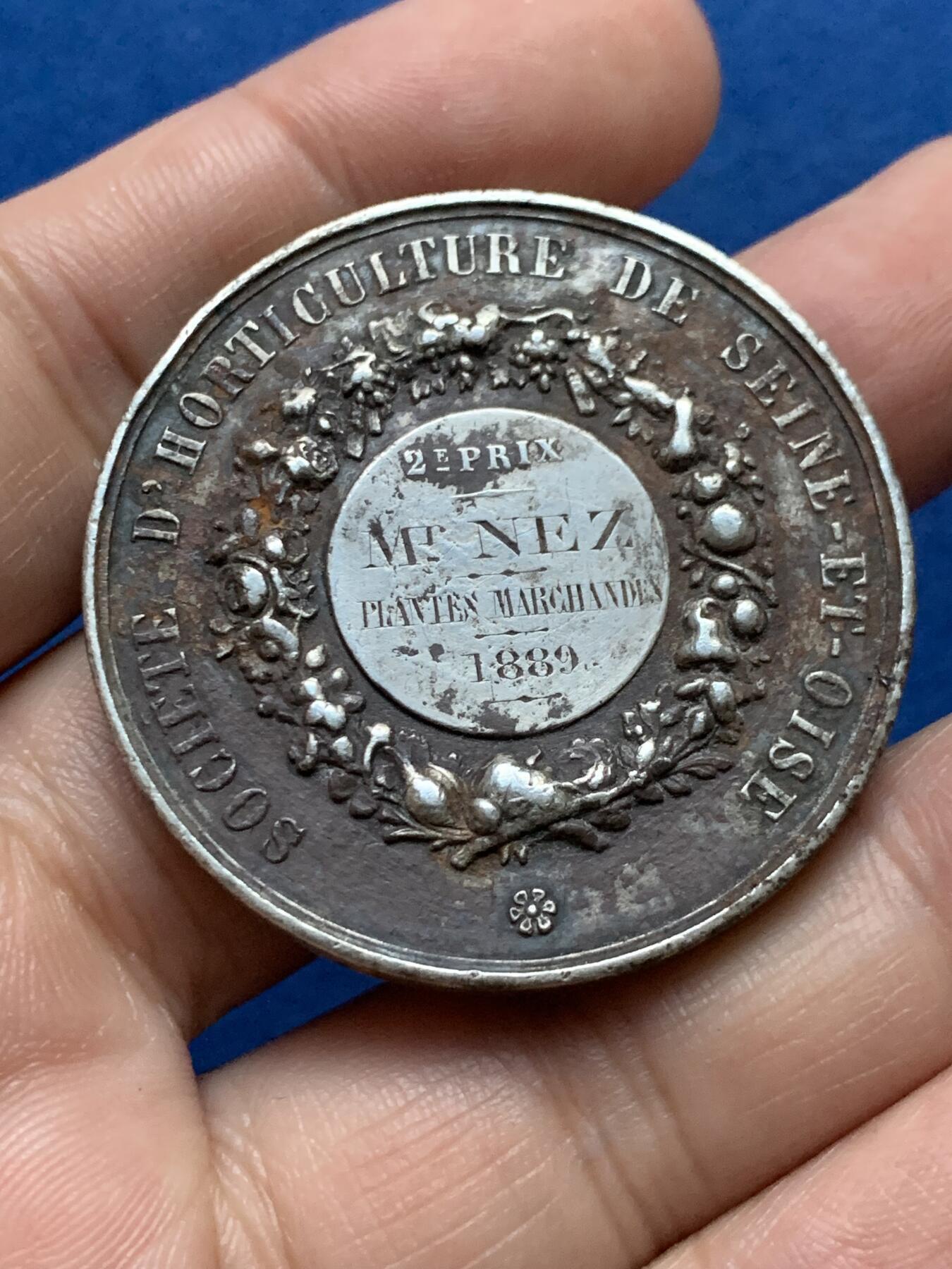 《竞宝斋》第439场 周日，周一，周二 3场连拍 （全场包邮） 1889年法国园艺协会银章 37克 41.8mm 带盒