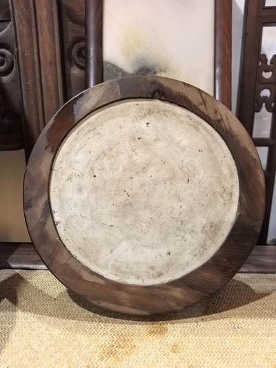 老青花山水瓷板画带鸡翅木框 