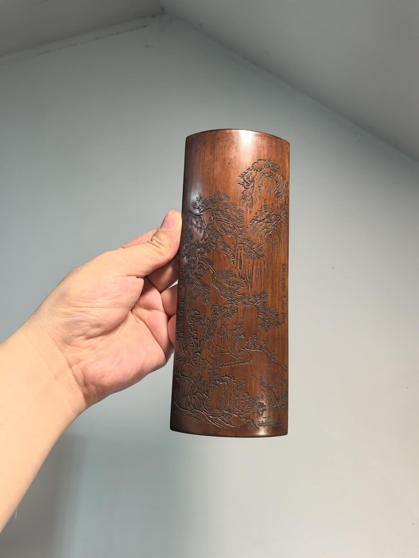 兰馨堂古玩杂项专场 老竹雕风景诗文双面臂搁镇纸摆件 