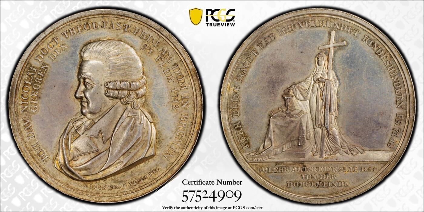 万国钱币拍卖第055期 PCGS MS62 1821年德国不莱梅牧师约翰·大卫·尼古拉就职五十周年纪念大银章 高浮雕极美 原味淡彩镜面收藏级