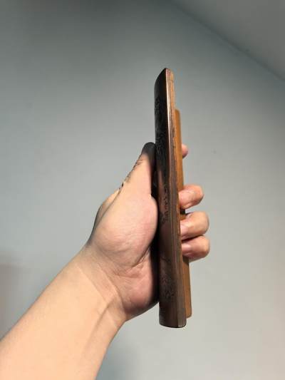 老竹雕风景诗文双面臂搁镇纸摆件 