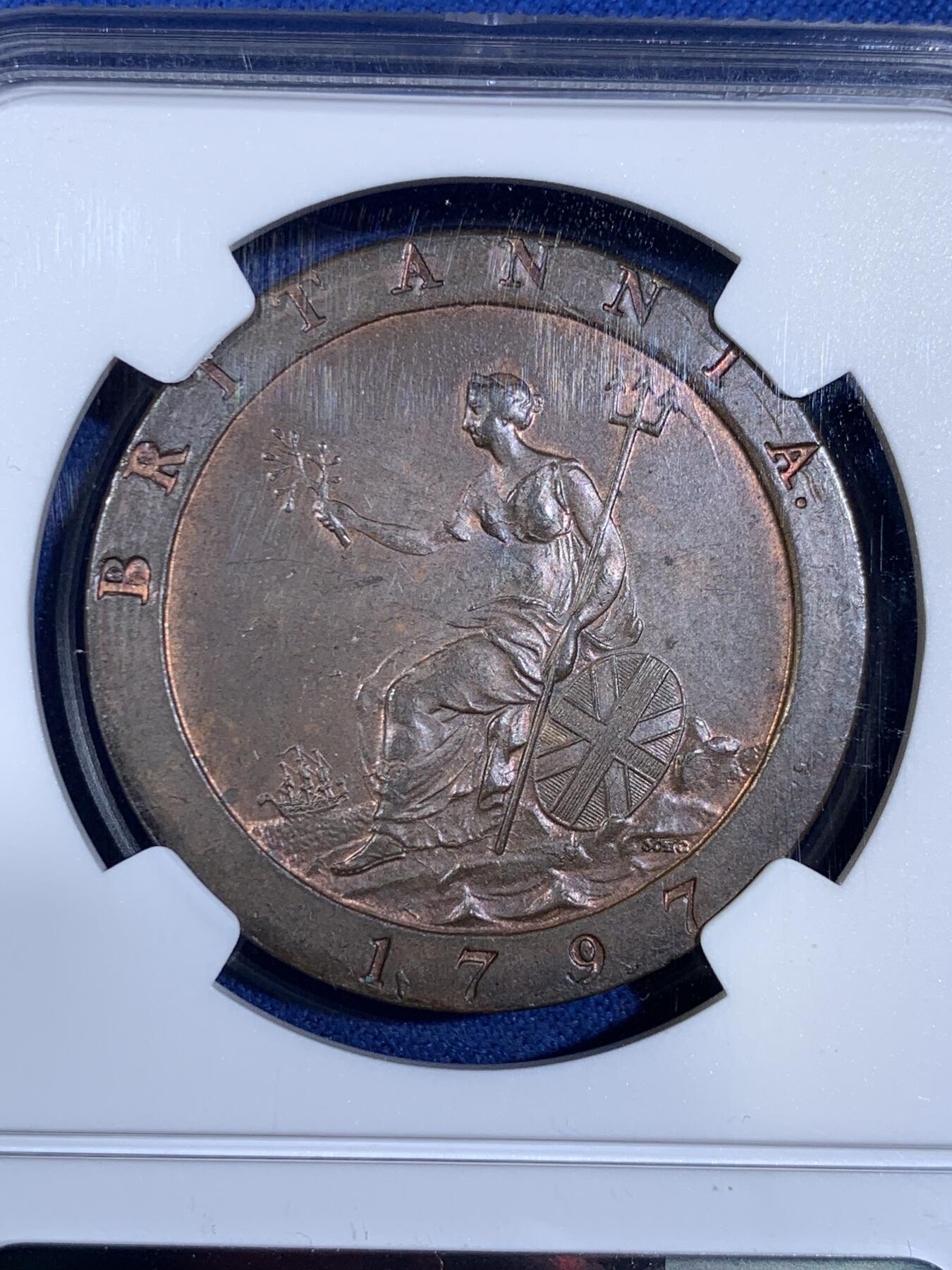 《竞宝斋》第439场 周日，周一，周二 3场连拍 （全场包邮） NGC MS64BN 英国 1797年 SOHO 乔三 车轮1便士铜币 高分品种比起2便士更为少见