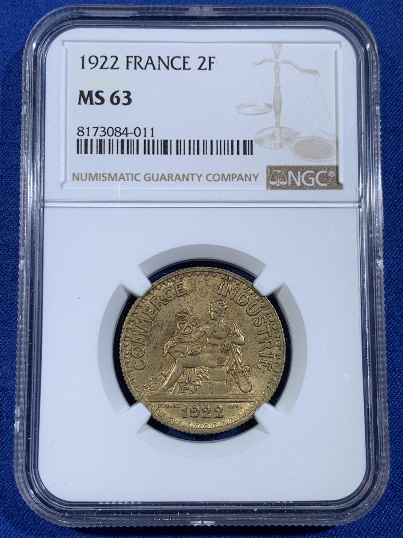 《竞宝斋》第439场 周日，周一，周二 3场连拍 （全场包邮） NGC MS63 法国1922商会2F 正面墨丘利（商业之神-丰饶和商业成功的象征）