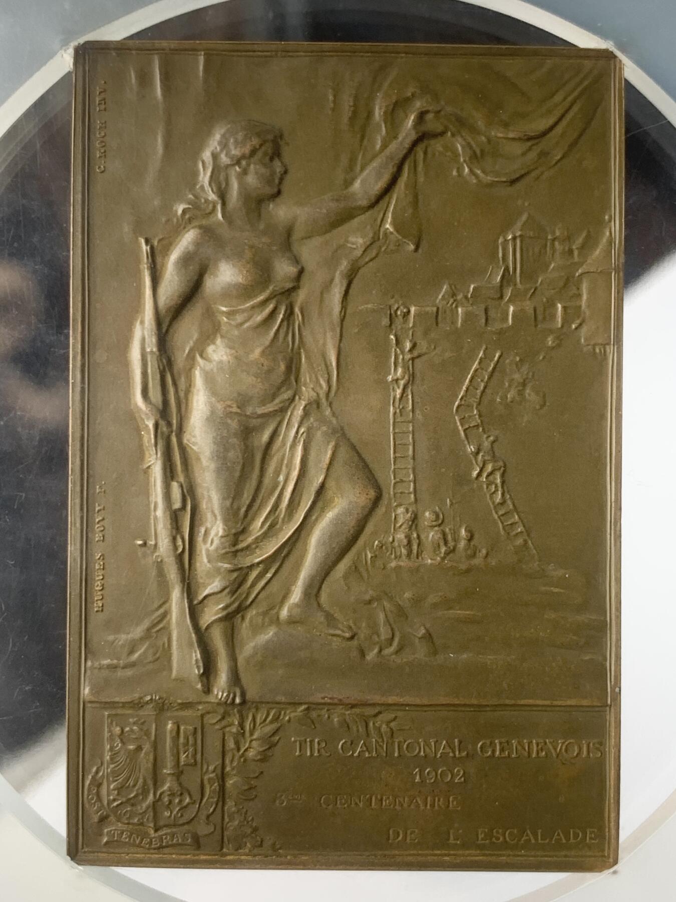 掌中浮雕-藏着的欧洲第042场 NGC MS62 : 1902年瑞士日内瓦登城节300周年矩形铜章,  40*60mm