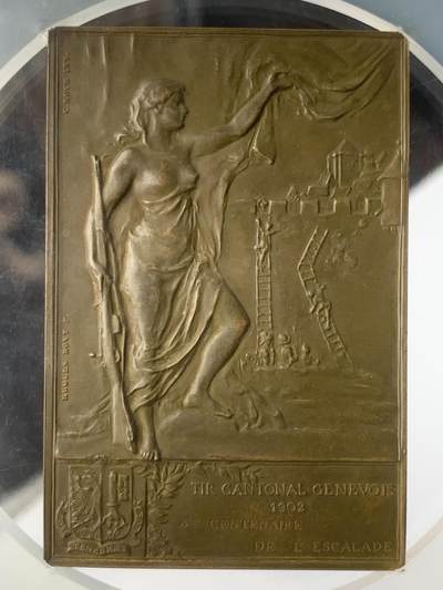 掌中浮雕-藏着的欧洲第042场 - NGC MS62 : 1902年瑞士日内瓦登城节300周年矩形铜章,  40*60mm