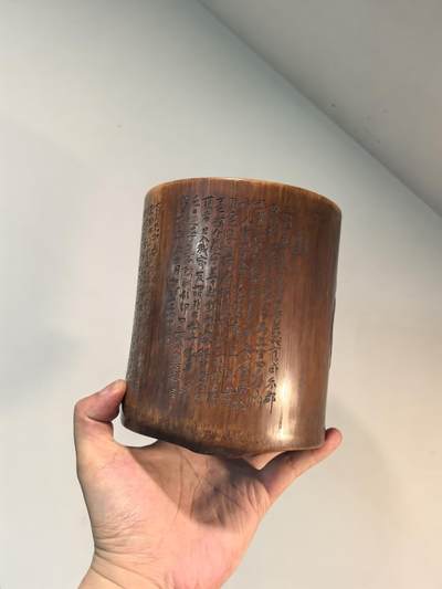 笔筒名家刻竹诗文清供图竹刻笔筒 