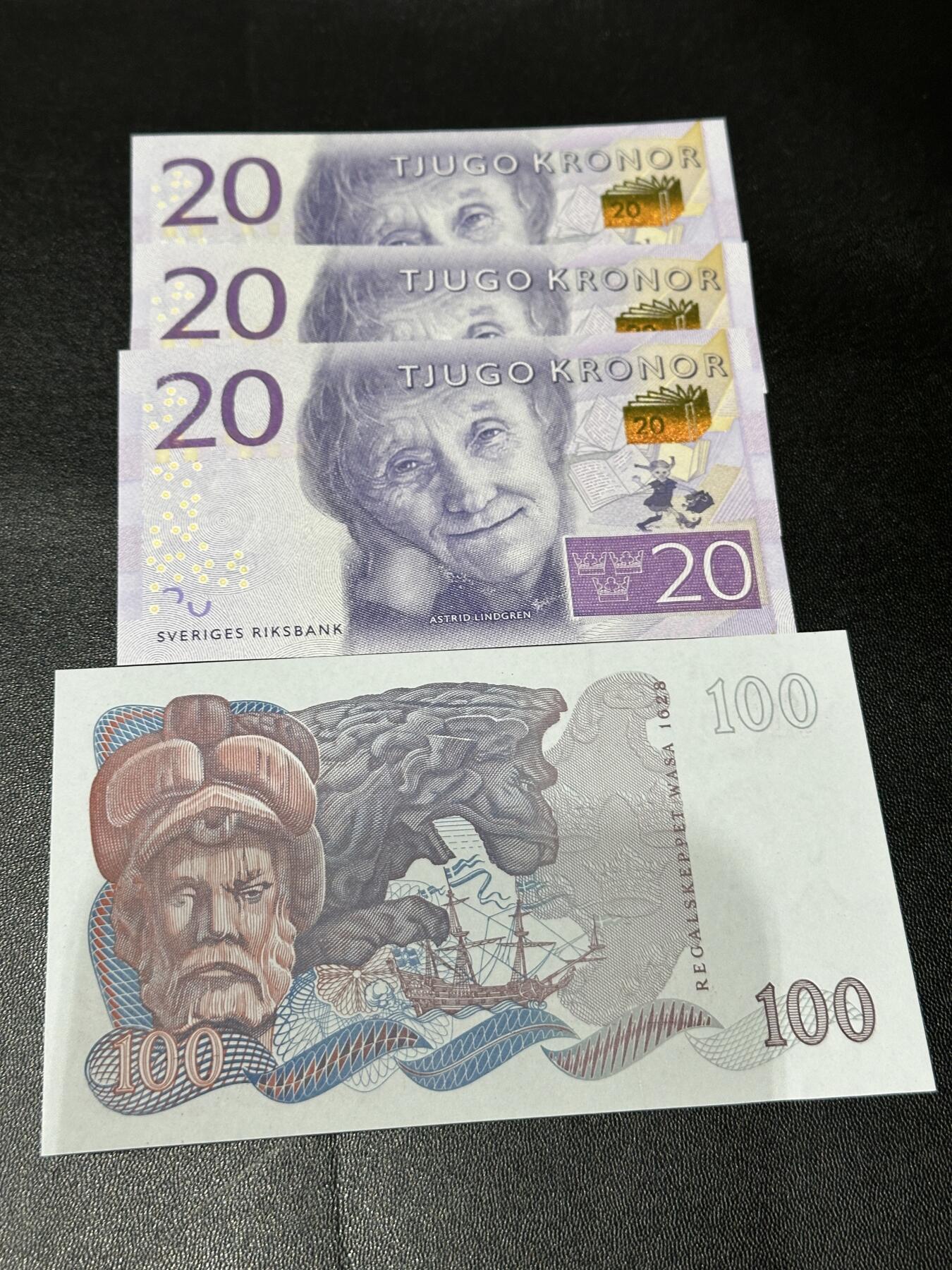 《外钞收藏家》第五百八十六期（品种丰富、精品多）（本平台长期征集拍品、欢迎藏友们联系合作） 瑞典最新版20克朗3张 靓号+1985年100克朗 全新UNC