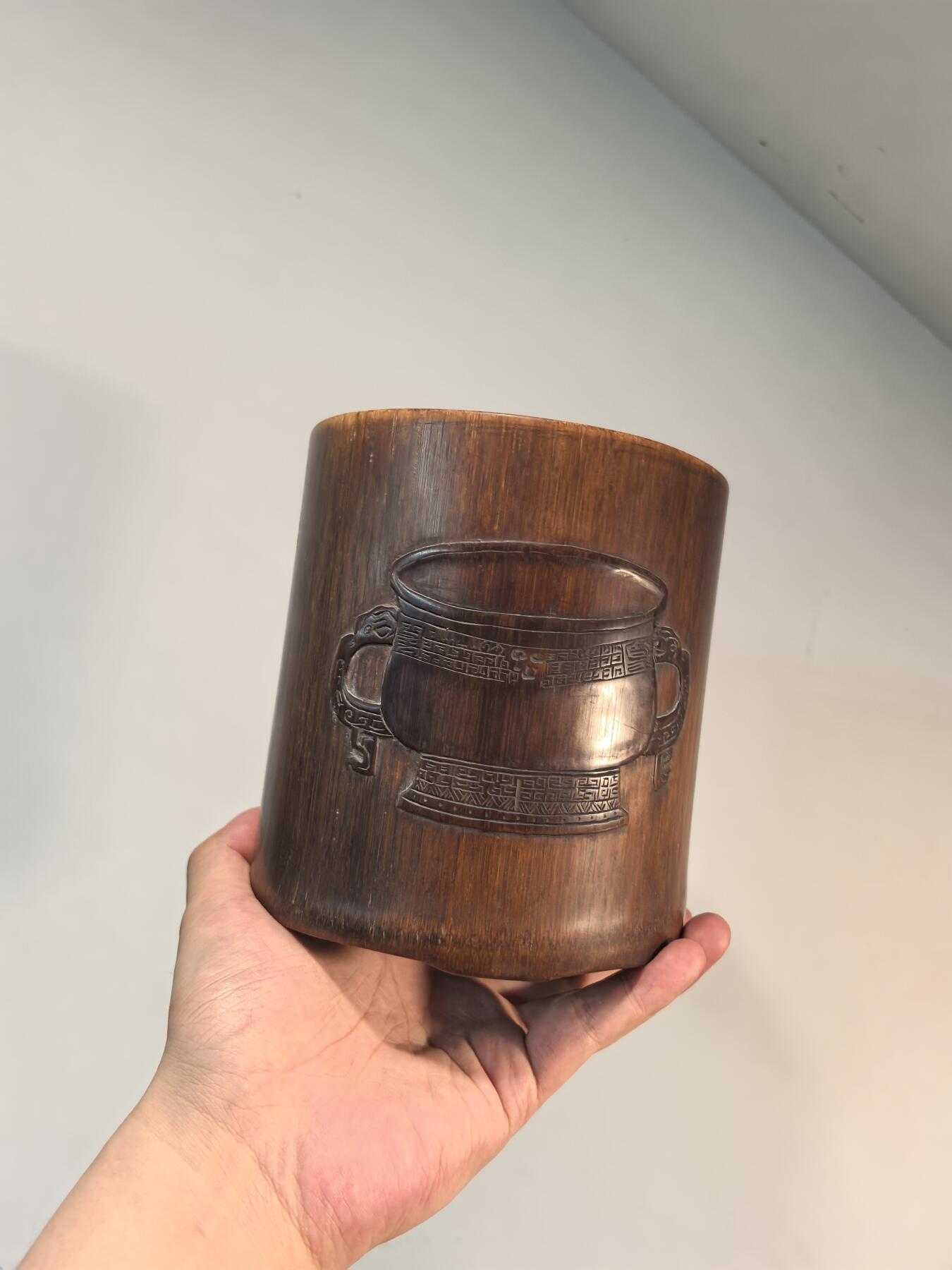 兰馨堂古玩杂项专场 笔筒名家刻竹诗文清供图竹刻笔筒 