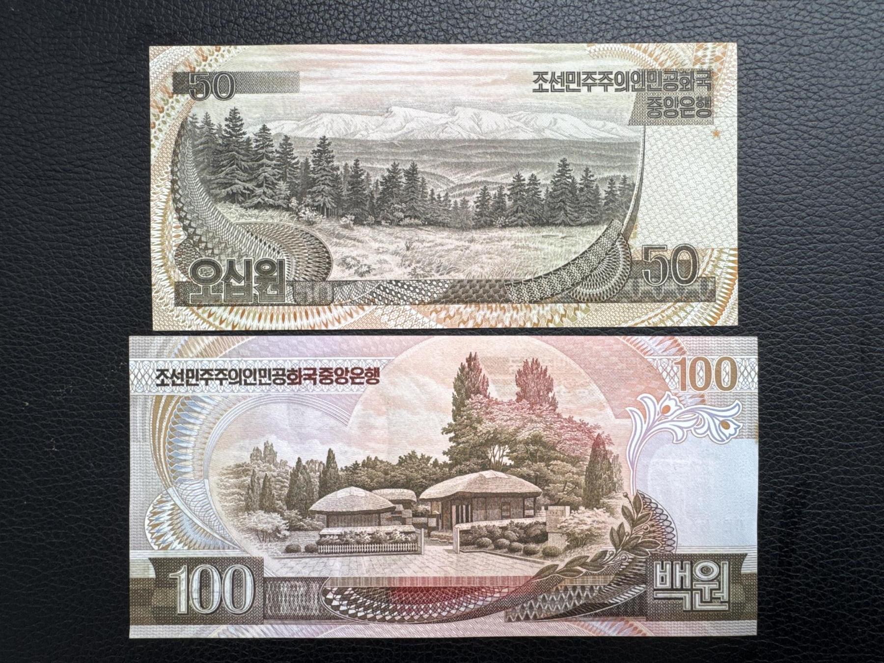 桂P钱币文化工作室拍卖第四十五期 朝鲜1992年版纸币两张，雕刻版，印刷非常漂亮