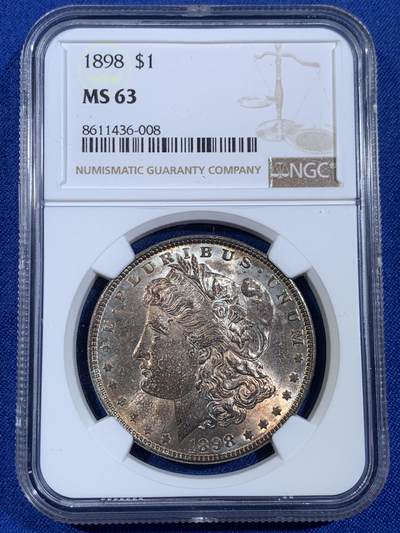 《竞宝斋》第439场 周日，周一，周二 3场连拍 （全场包邮） - NGC MS63 美国1898年摩根银币P版，原汁原味五彩老包浆，转光强烈细节优秀。