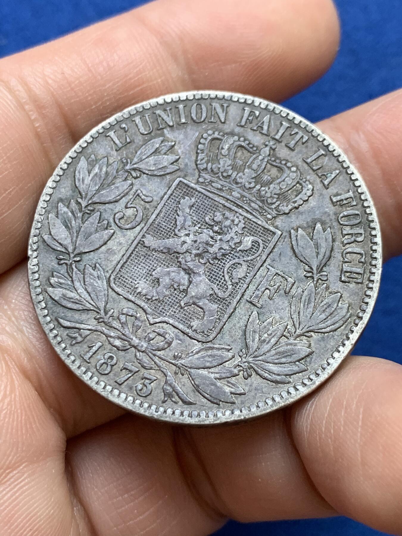 《竞宝斋》第439场 周日，周一，周二 3场连拍 （全场包邮） 比利时1873年利奥波德二世5法郎银币