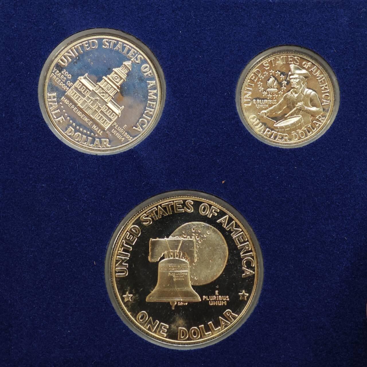 【淘币小摊】实时拍第七百九十九拍   银币套币场   满百包邮可预留二周 每周一统一发货   美国1976年建国200周年精制银币3枚套41.79克400银 银价193