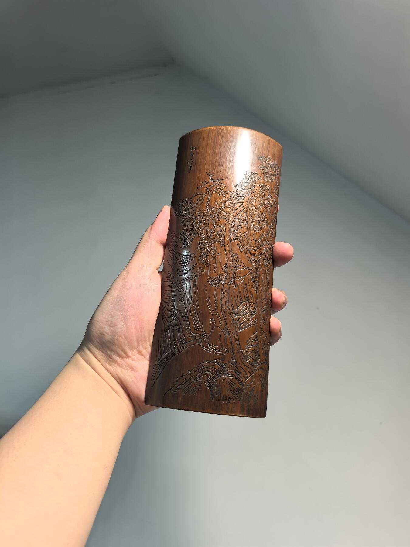 兰馨堂古玩杂项专场 老竹雕风景诗文臂搁镇纸摆件 双面雕工