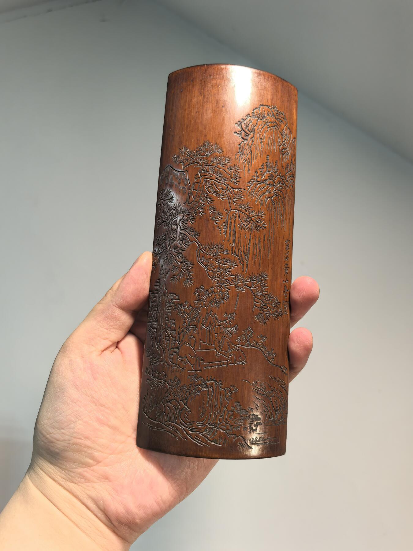 兰馨堂古玩杂项专场 老竹雕风景诗文双面臂搁镇纸摆件 