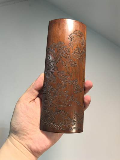 兰馨堂古玩杂项专场 - 老竹雕风景诗文双面臂搁镇纸摆件 