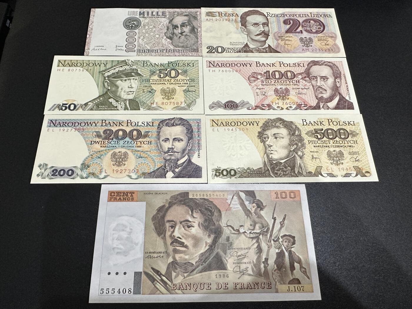 《外钞收藏家》第五百八十六期（品种丰富、精品多）（本平台长期征集拍品、欢迎藏友们联系合作） 意大利1000里拉、法国100法郎（轻微不绝）+波兰5张 一起全新 