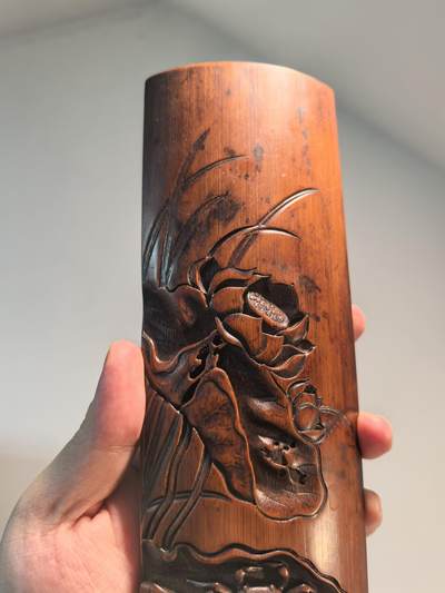 老竹雕臂搁镇纸摆件清趣图河蟹图 