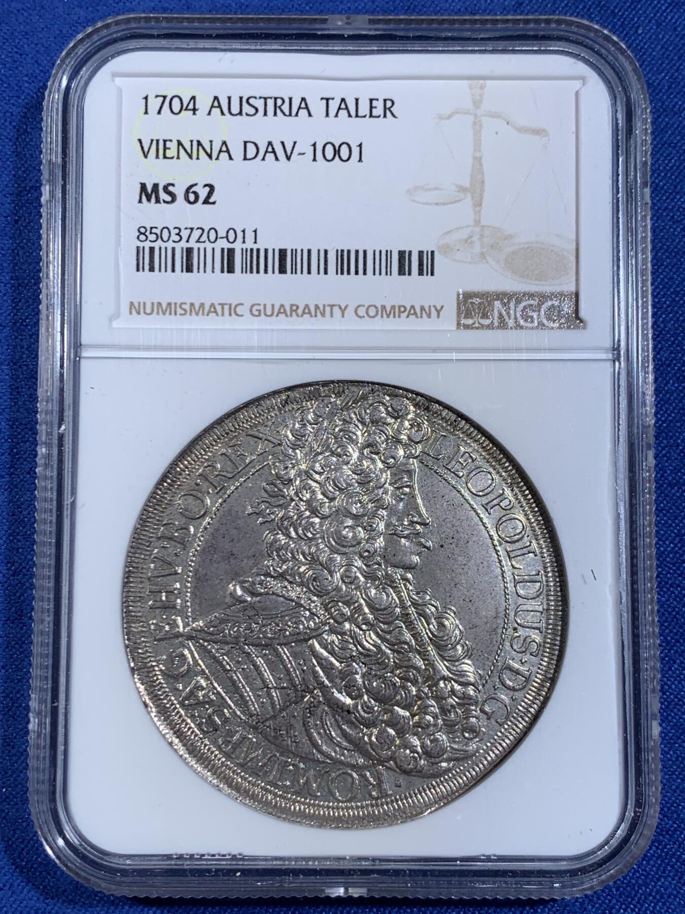 《竞宝斋》第439场 周日，周一，周二 3场连拍 （全场包邮） NGC MS62 哈布斯堡王朝奥地利帝国 1704年 利奥波德一世 威尼斯版 泰勒大银币 热门猪嘴大波浪 底光充沛 状态不易