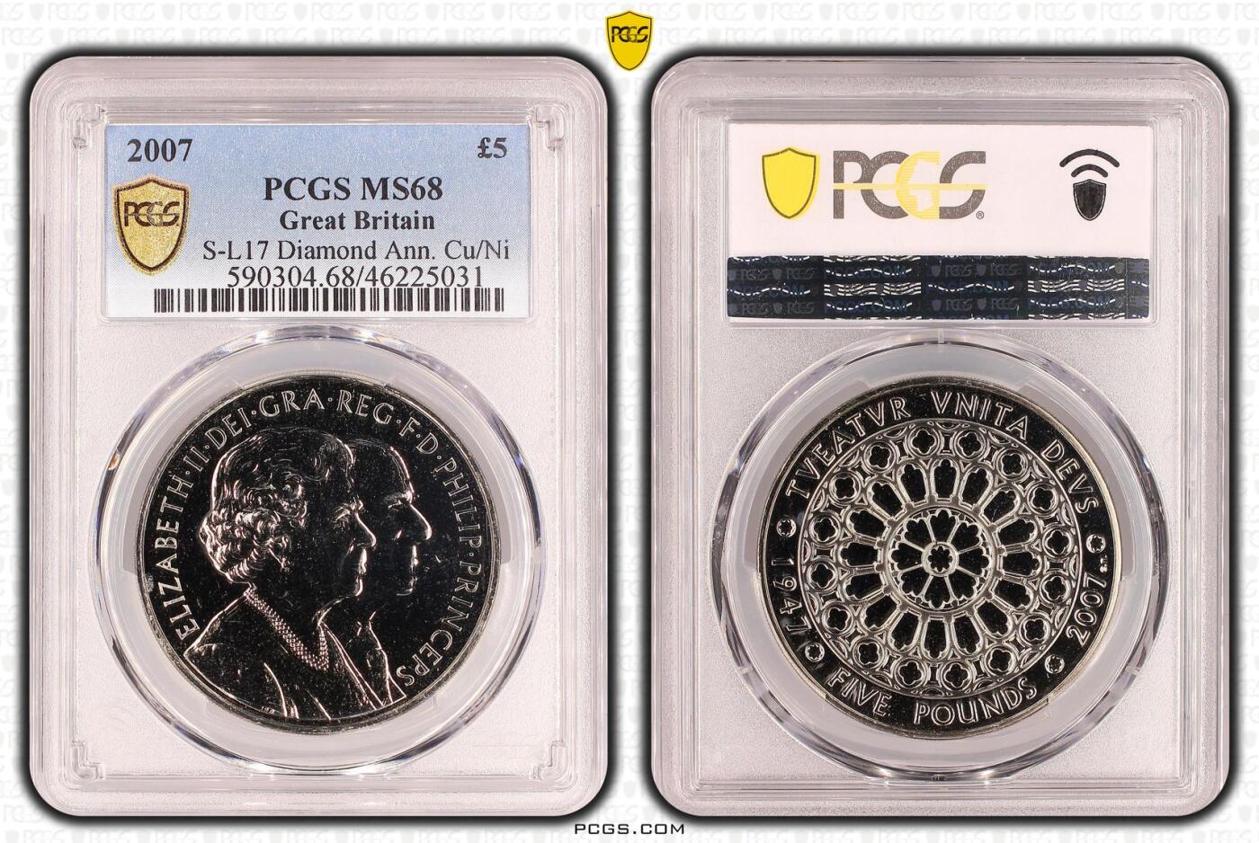 PThappally收藏第54次拍卖，英联邦地区硬币纸币 英国  2007 年 5 英镑 28.28g 铜镍币 PCGS MS68 