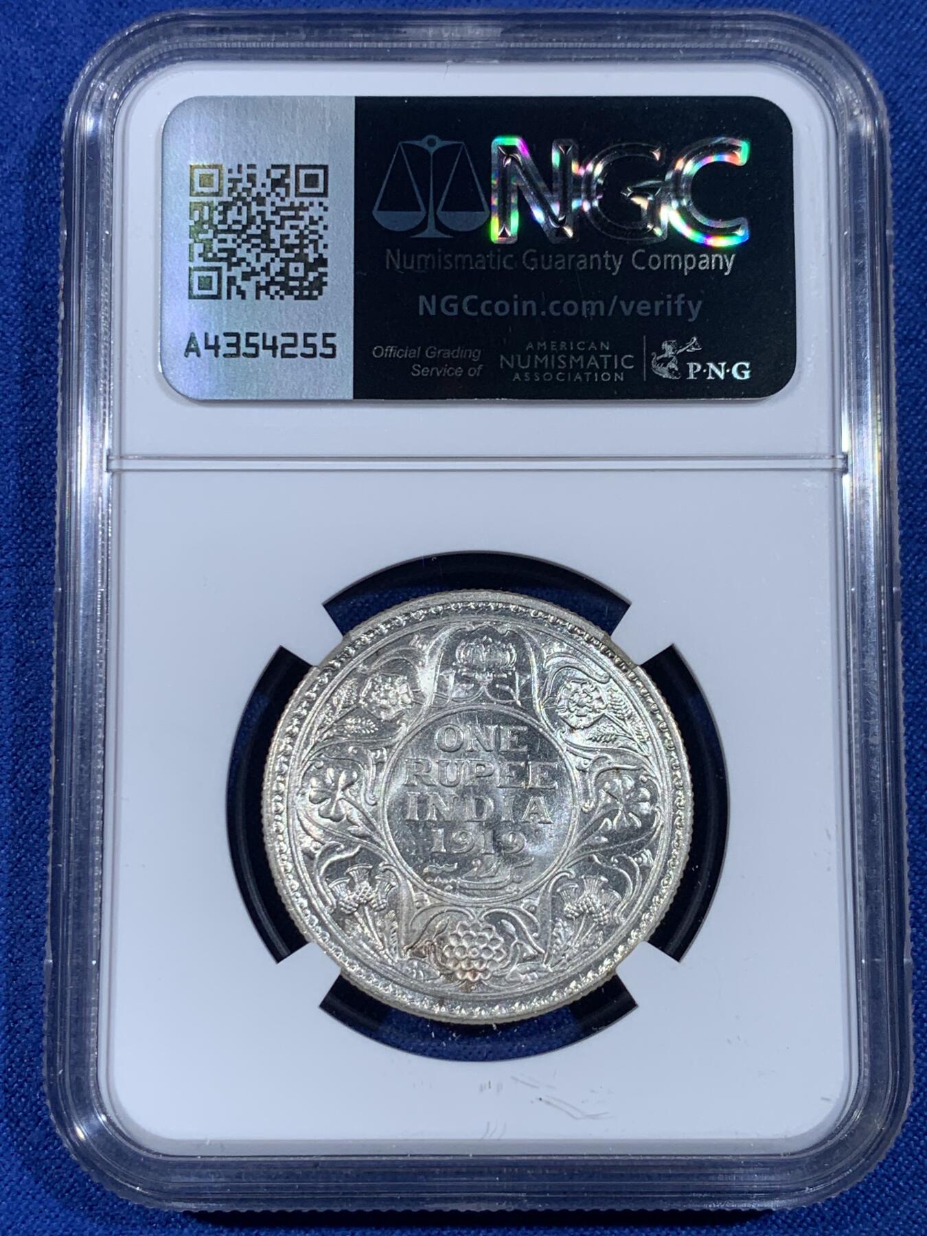 《竞宝斋》第439场 周日，周一，周二 3场连拍 （全场包邮） NGC MS61 英属印度 1919年 乔治五世 1卢比 银币 卷拆品 上n低评级 全原光品