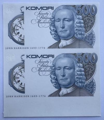 2025第25场（总第225期）：精品测试钞、纪念钞、塑料钞、连体钞综合场 - 二连体带边 日本小森komori“约翰哈里森”H4系列500面额单面凹印测试钞UNC