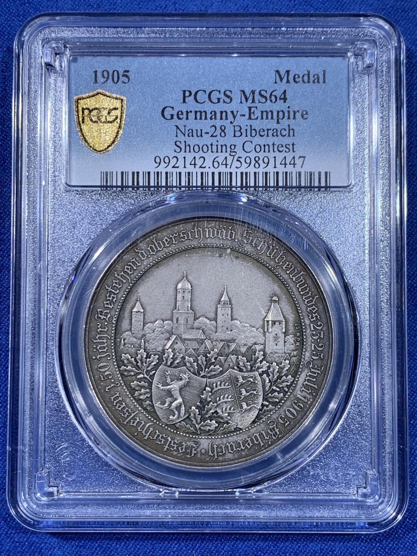 《竞宝斋》第439场 周日，周一，周二 3场连拍 （全场包邮） PCGS MS64 德国 1905年 上斯瓦比亚射击联盟成立50周年 纪念银章 景观细致 背面的15个城市徽章环绕 3圈设计 极美