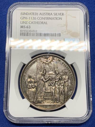 《竞宝斋》第440场 周日，周一，周二 3场连拍 （全场包邮） - NGC MS63 奥地利19世纪林茨大教堂圣坚振礼银章