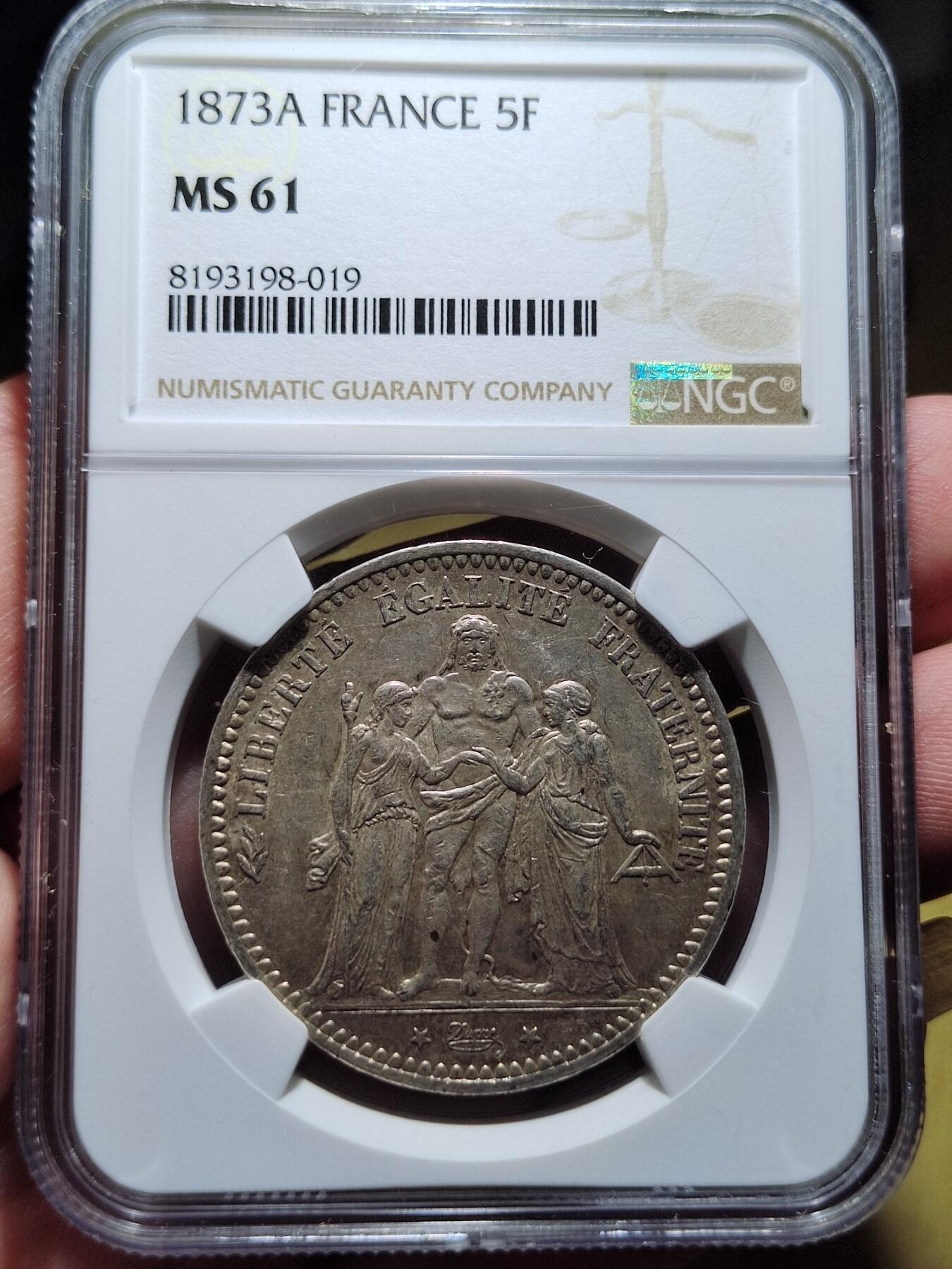 中外钱币第五场 NGC-MS61法国大力神1873年5法郎