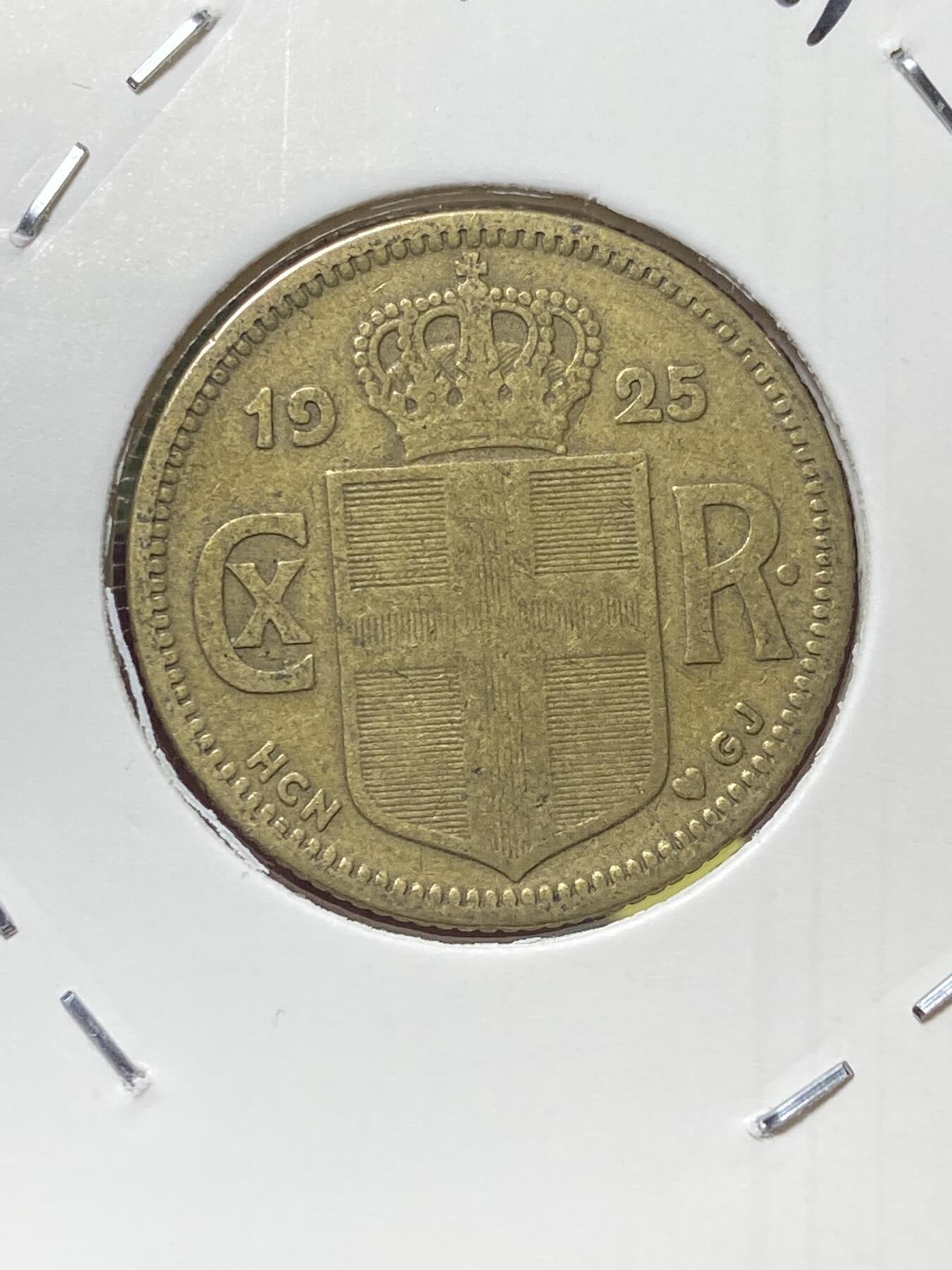 2025年第一百三十场(总第一百五十六场）外国好品纸夹散币场(免佣金) 少见年份–丹属冰岛王国🇮🇸1925年1克朗(克里斯蒂安十世时期，HCN; GJ版，首发年仅发行3年)