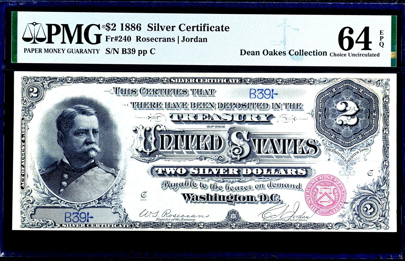 【Blue Auction】世界纸币精拍第752期——18级TOP拍卖/信誉/品质/专业/高效💫     【fr.240首签罕见 39极小号可遇不可求 名家旧藏 季军分】美国 1886年2美金 PMG64EPQ全新原票 大票幅 票面白净油墨佳 南北战争时著名将领汉考克人像雕刻精美 他战绩卓越 获得总统候选人提名 背面几何图案设计复杂独特 （普通的同分7位数长号三年前也拍了5640美金，如此小号价值高很多非常难见到）值得收藏 