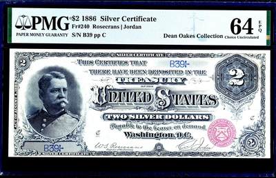 【Blue Auction】世界纸币精拍第752期——18级TOP拍卖/信誉/品质/专业/高效💫 -     【fr.240首签罕见 仅有B冠 首发39极小号可遇不可求 名家旧藏 季军分】美国 1886年2美金银币券 PMG64EPQ全新原票 大票幅 票面白净油墨佳 南北战争时著名将领汉考克人像雕刻精美 他战绩卓越 获得总统候选人提名 背面几何图案设计复杂独特 （普通的同分7位数长号三年前也拍了5640美金，如此小号价值高很多非常难见到）值得收藏 