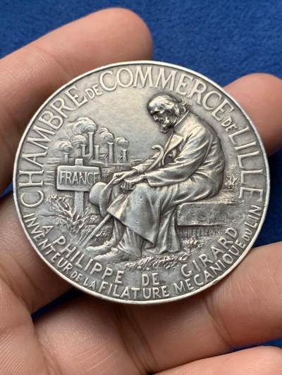 《竞宝斋》第440场 周日，周一，周二 3场连拍 （全场包邮） - 法国里尔商会银章，46.58g，47mm，丰饶角1argent边铭，有轻磕