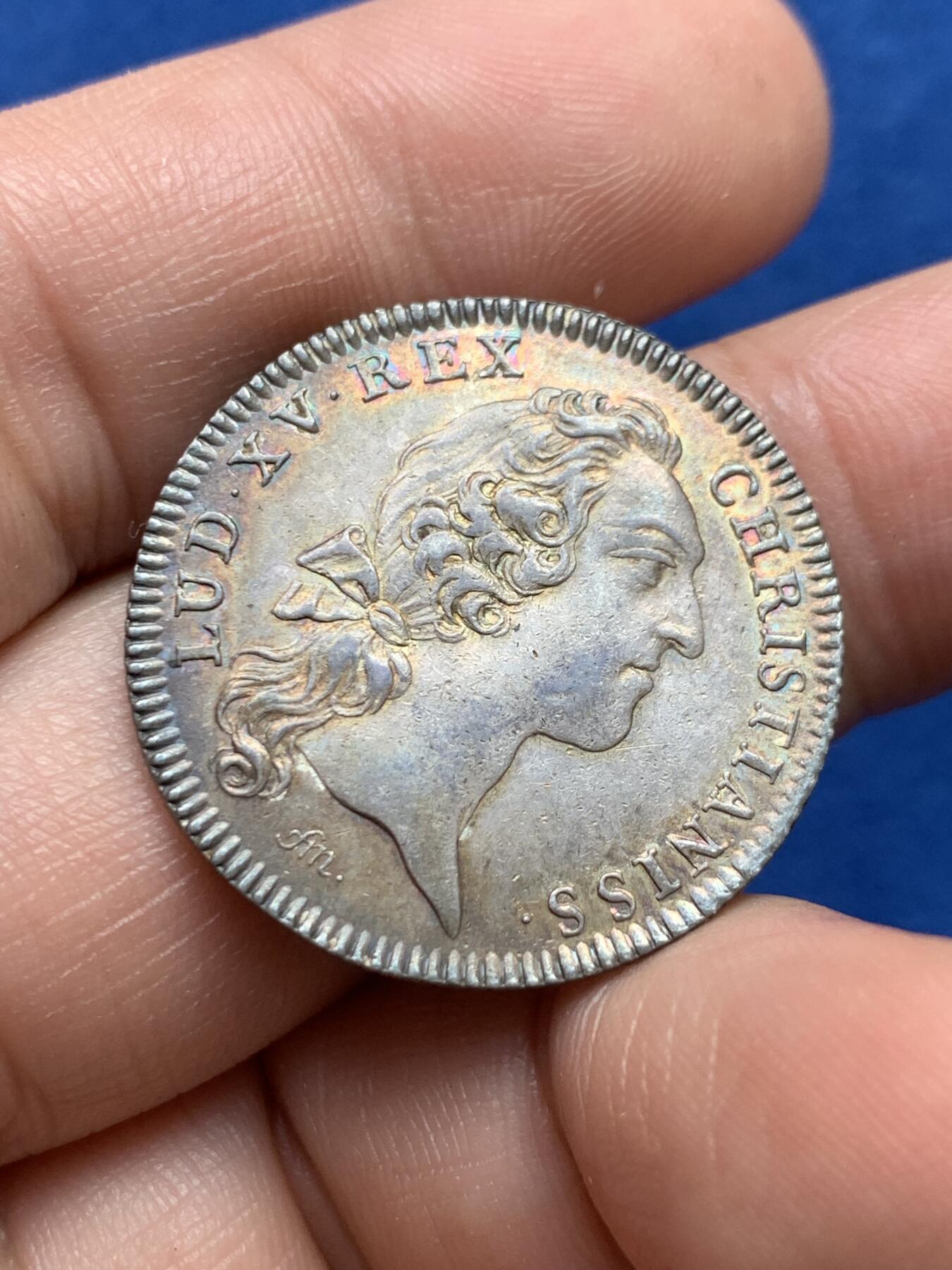 《竞宝斋》第440场 周日，周一，周二 3场连拍 （全场包邮） 法国路易十五头像皇家宝藏银质代币，6.92g，28.7mm