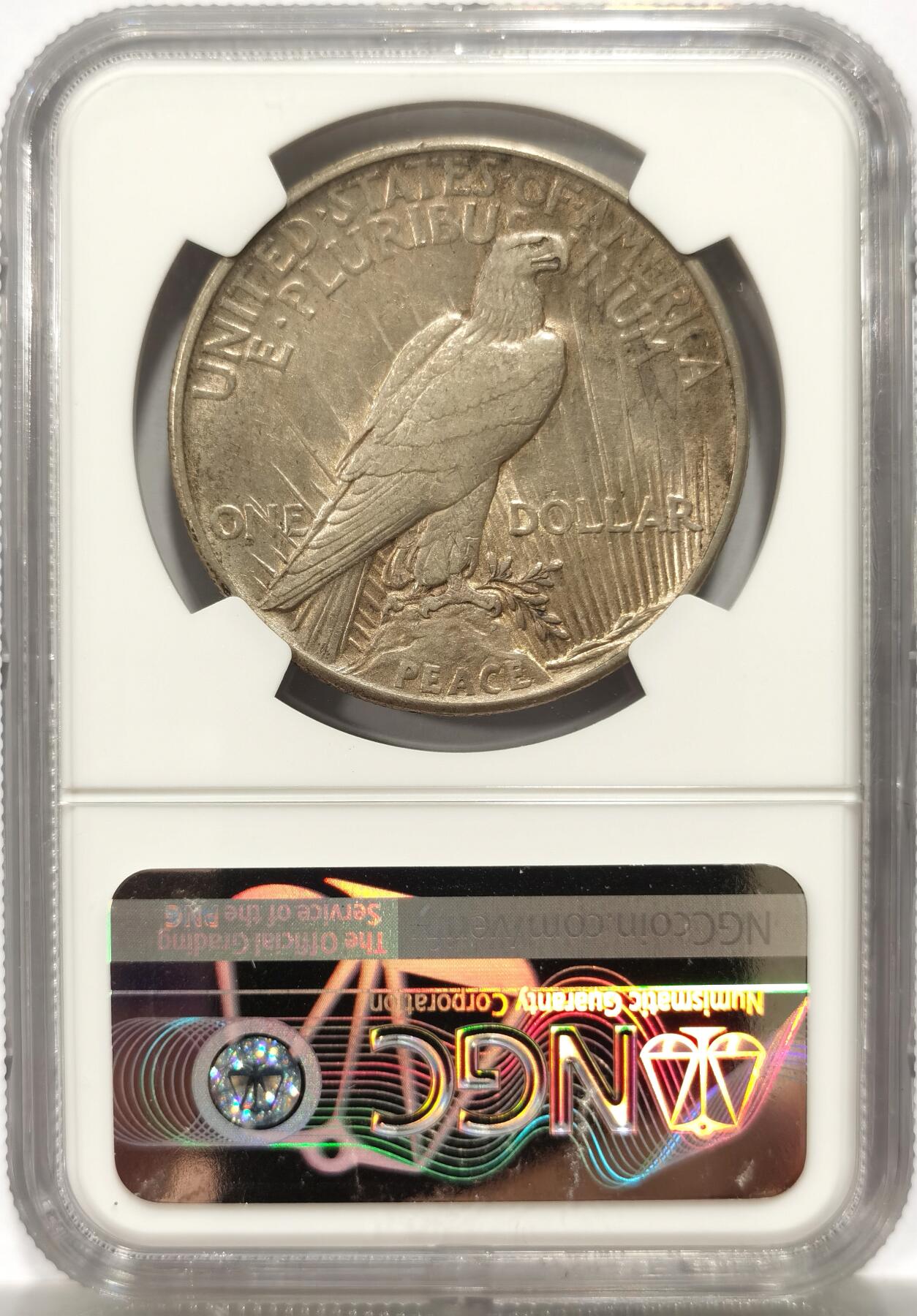 博洋堂藏家专场系列之美国钱币白金之夜专场暨第148期（全场包邮） NGC AU58 美国1921 首年和平 高浮雕 打制精美 双面老包浆 底板完美