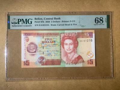 【礼羽收藏】🌏世界钱币拍卖第116期 - 【EA101216】 PMG68分 2020年伯利兹5面值纸币 女王钞 无3457尾16 朦胧号 高分靓号