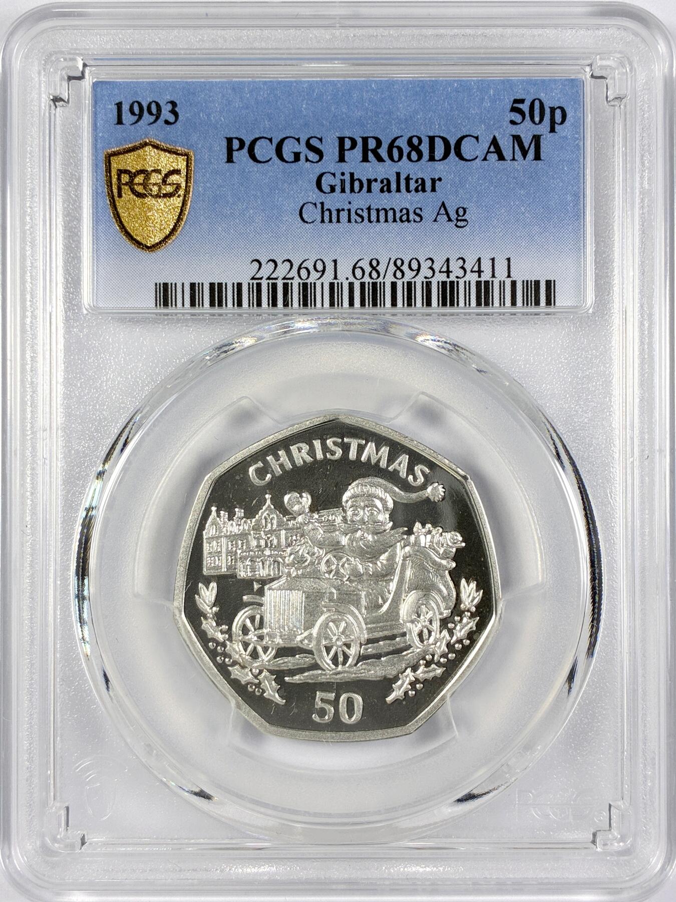 【雨安】【世界币章116期-评级币专场】2025-11-22 周六 19:30 保真【直播拍卖】 [评级现代] Gibraltar 直布罗陀 50便士 1993年 圣诞币 PCGS-PR68DCAM