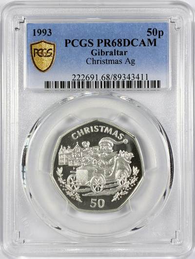 【雨安】【世界币章116期-评级币专场】2025-11-22 周六 19:30 保真【直播拍卖】 - [评级现代] Gibraltar 直布罗陀 50便士 1993年 圣诞币 PCGS-PR68DCAM